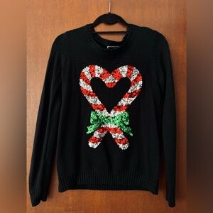 Karen Scott Black Sweater with Sequin Candy Cane Heart